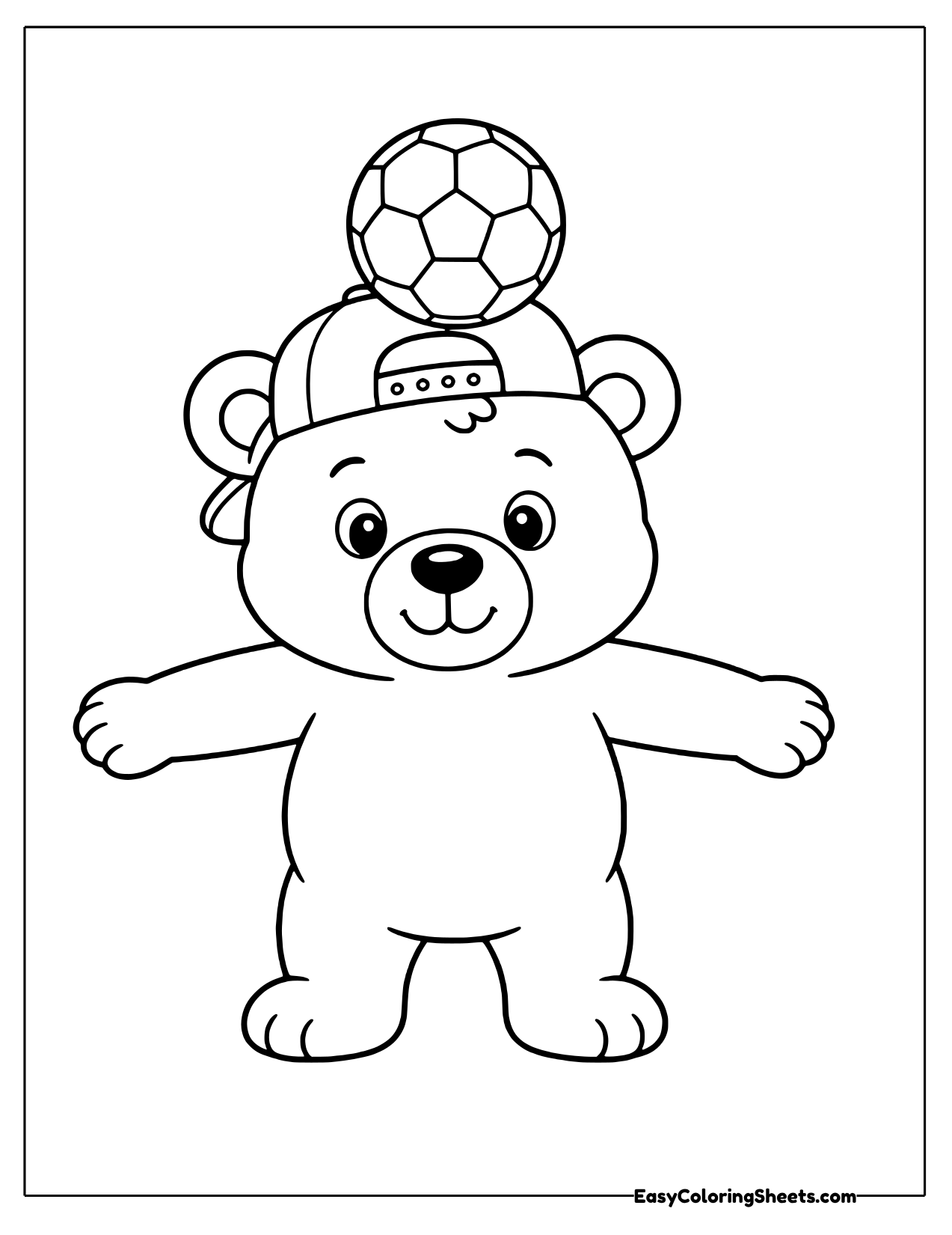 Bear cub in a backwards cap balancing a soccer ball on its head