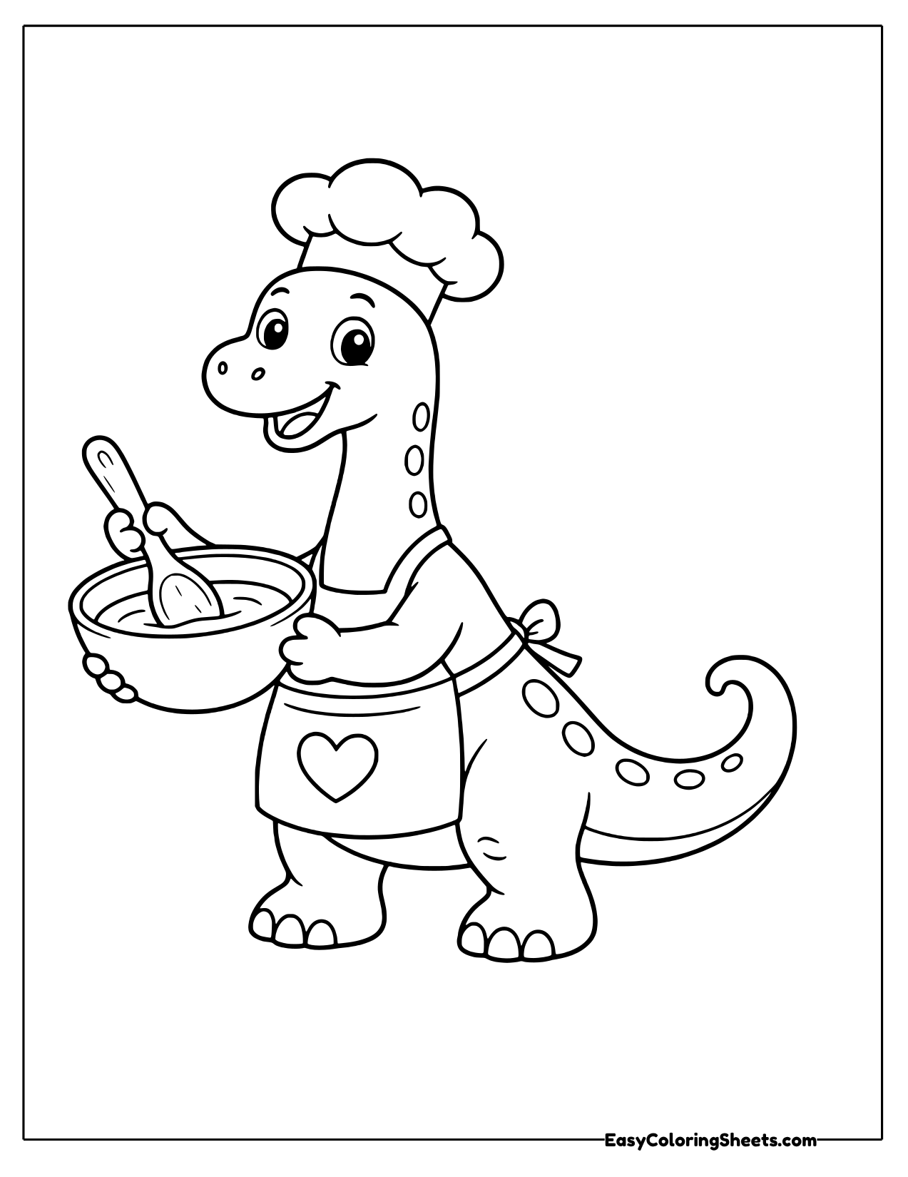 Brachiosaurus chef in a hat and apron stirring a mixing bowl