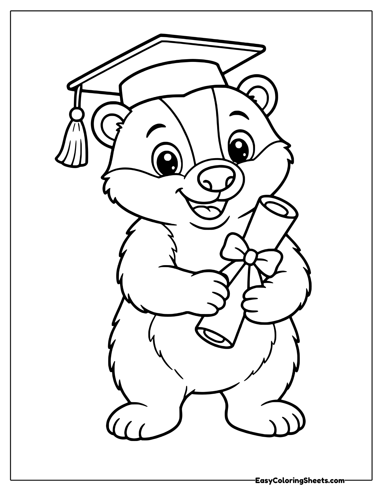 Smiling badger graduate in a mortarboard cap holding a rolled diploma