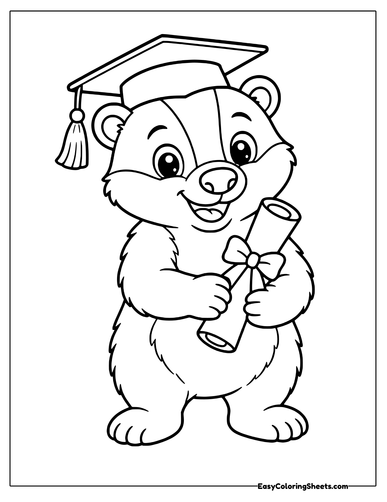 Smiling badger graduate in a mortarboard cap holding a rolled diploma