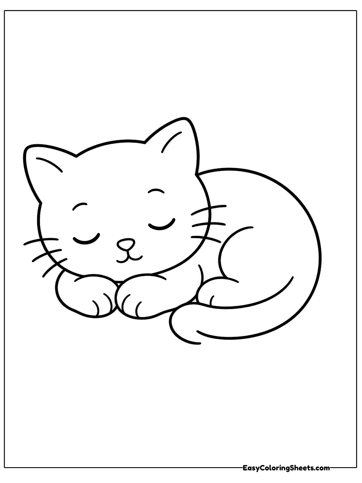 A sleepy kitten curls into a tight ball with its eyes closed and its tail wrapped around its body.