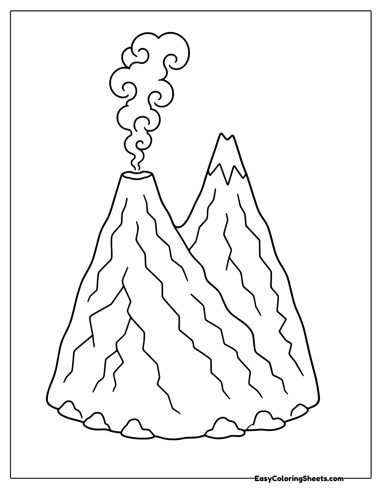 Two rocky volcano peaks with swirly steam rising from one crater