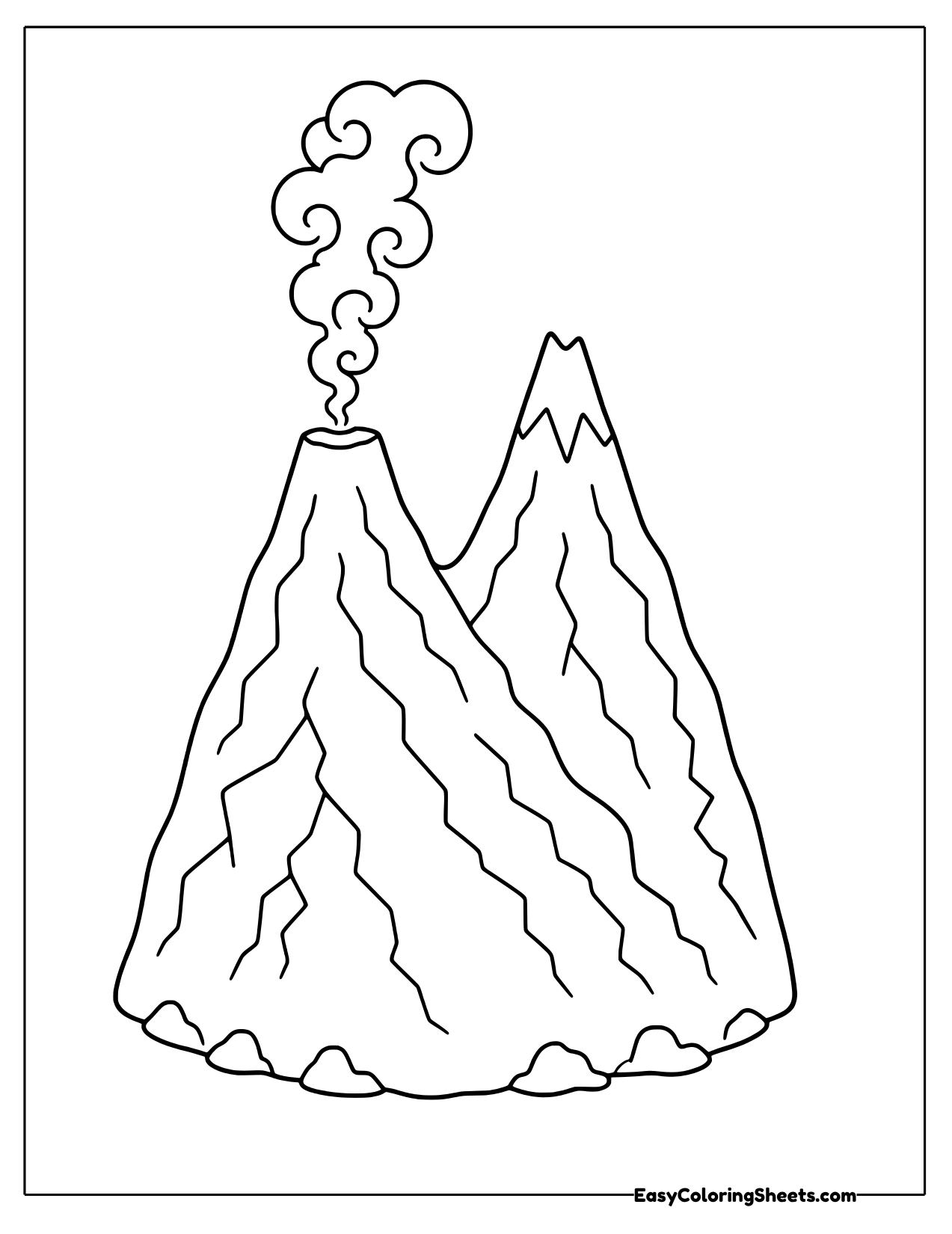 Two rocky volcano peaks with swirly steam rising from one crater