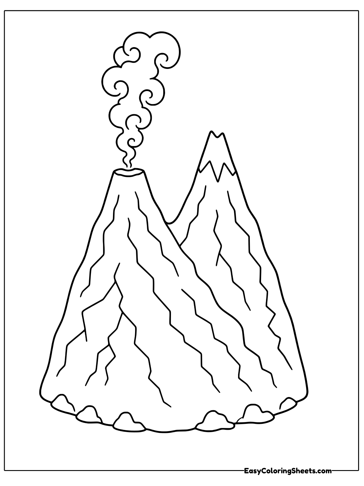 Two rocky peaks stand side by side, and a curly ribbon of swirly steam rises from the crater of the taller volcano while the.