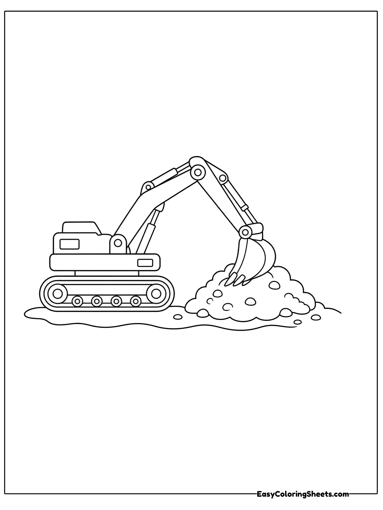 An excavator pushes its bucket into a big pile of dirt to scoop up a load.