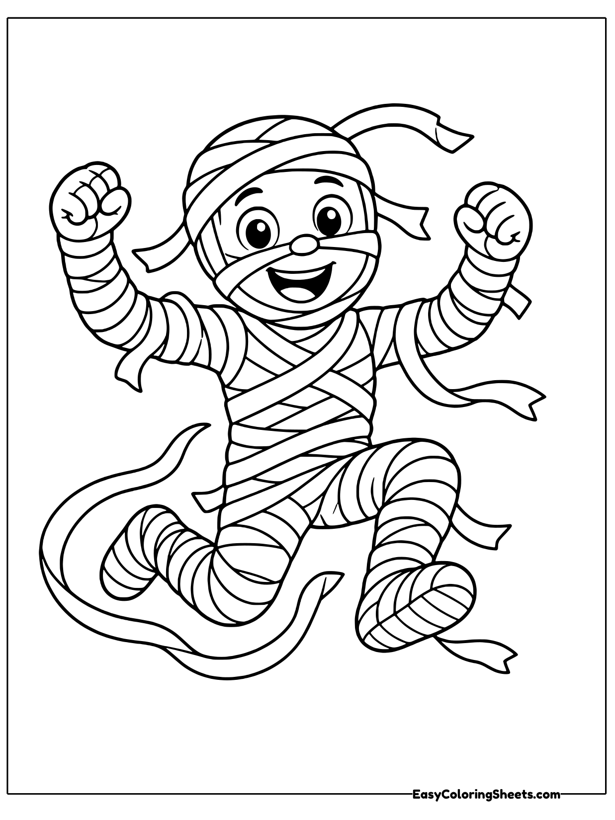 A mummy leaps in the air with fists up and loose bandages swirling below.