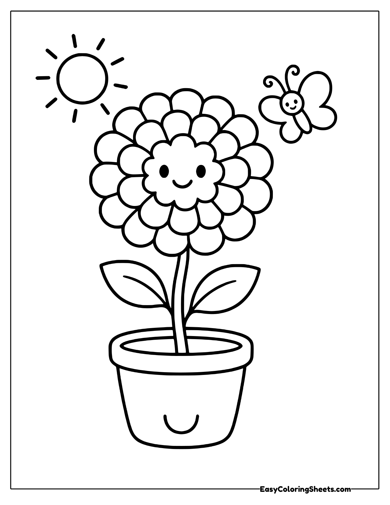 A round marigold made of many small ruffled petals smiles from a pot with a happy face of its own.