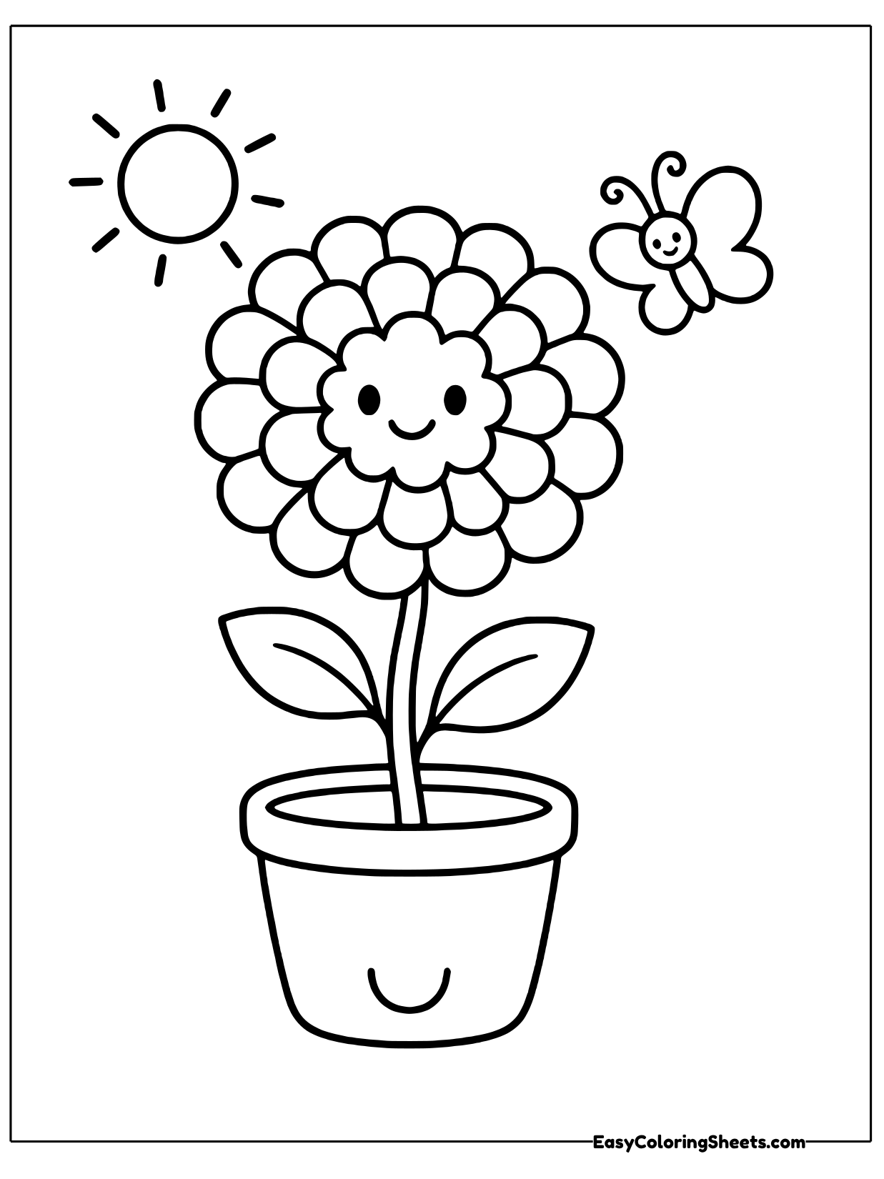 A round marigold made of many small ruffled petals smiles from a pot with a happy face of its own.