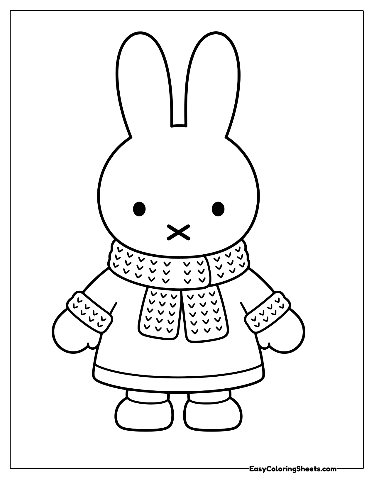 Miffy the bunny wearing a knitted scarf, winter coat and mittens