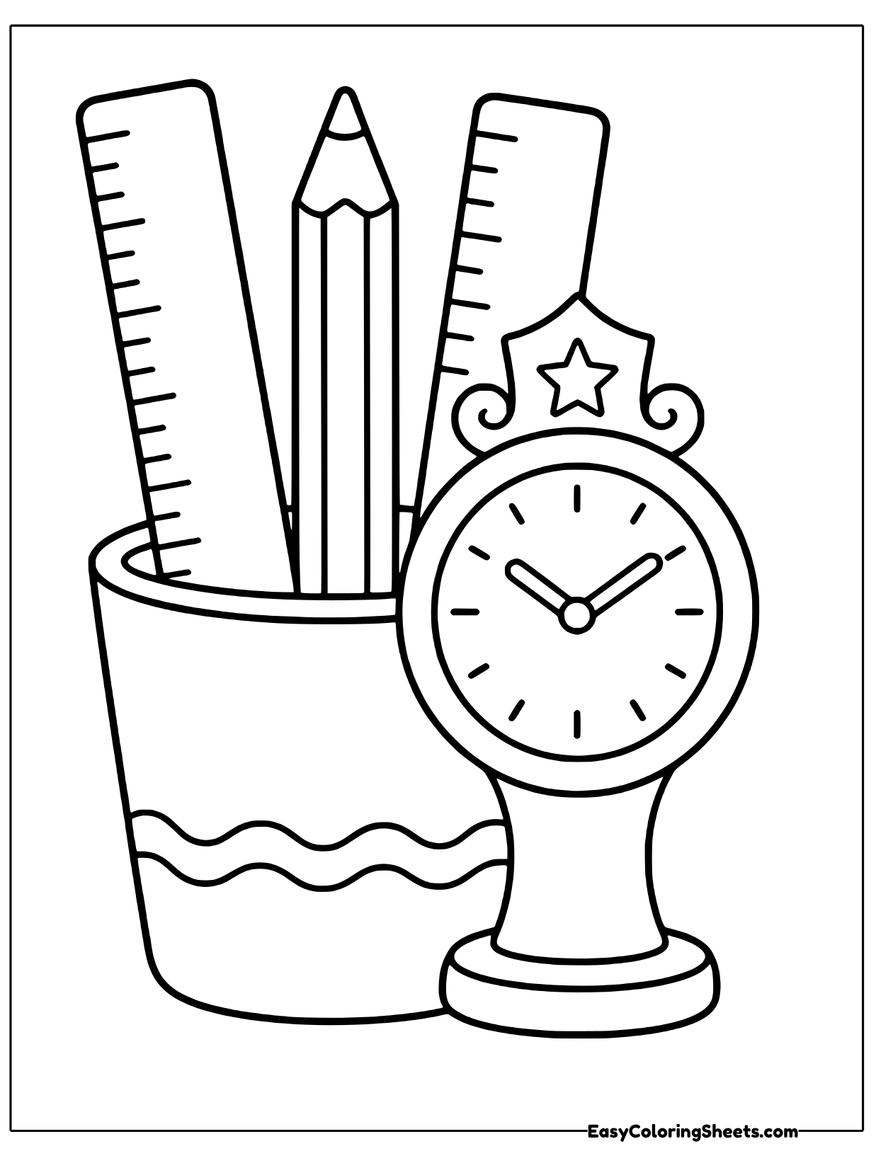 A small desk clock with a star on top stands next to a cup holding a pencil and a ruler.