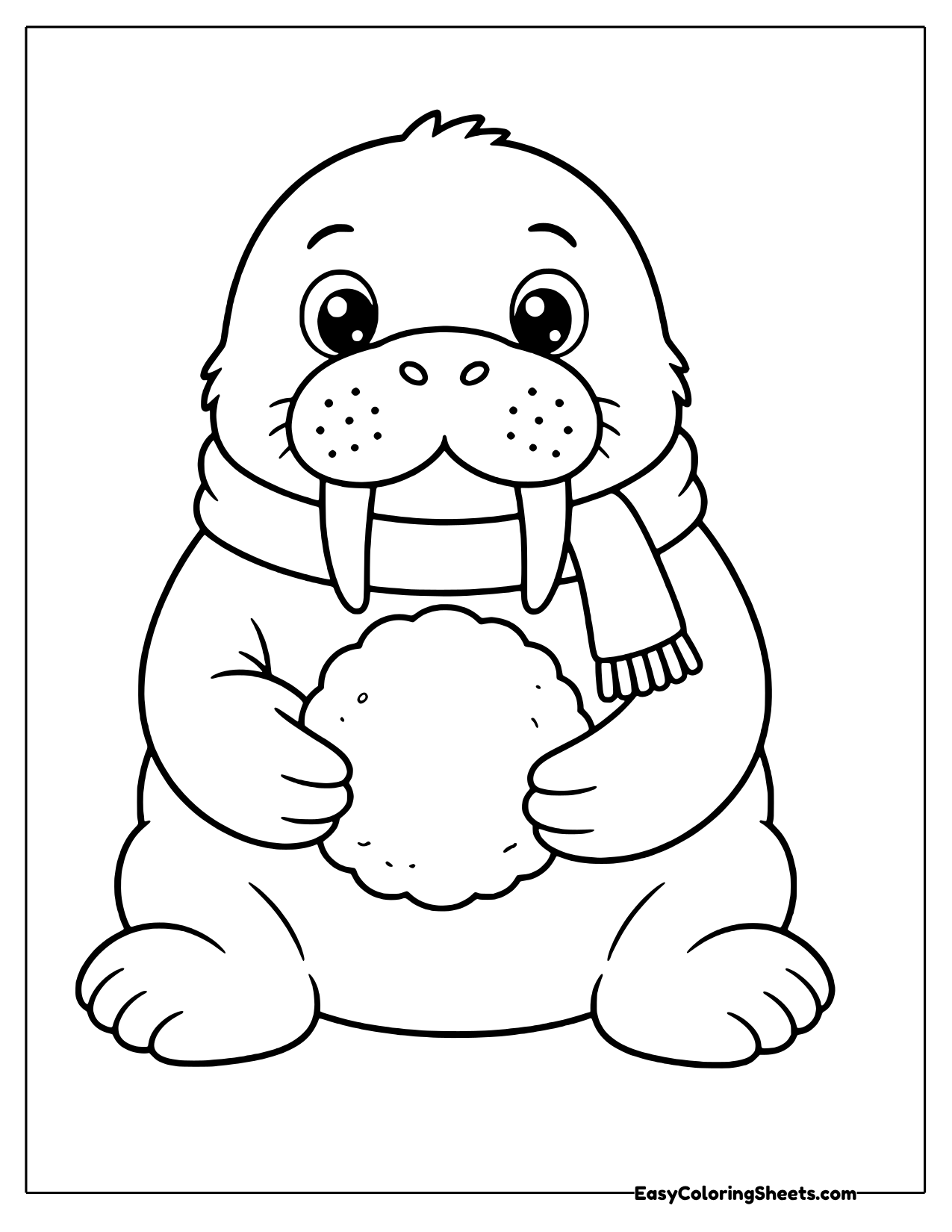 Walrus in a winter scarf holding a snowball