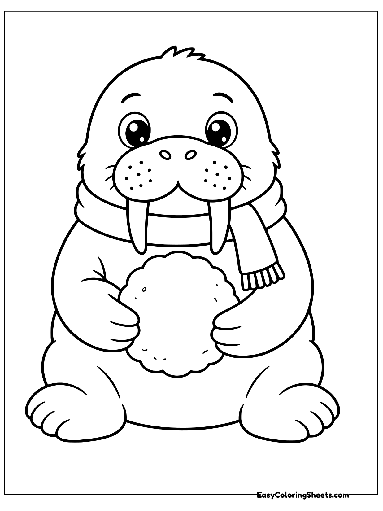 A cozy walrus wears a fringed winter scarf and holds a round snowball in its flippers, ready for some snowy fun.