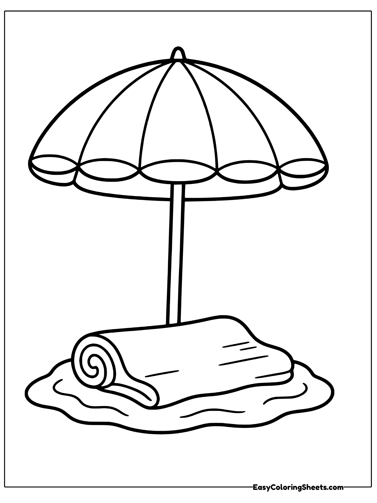 A big beach umbrella stands upright over a rolled towel resting on a sandy patch.