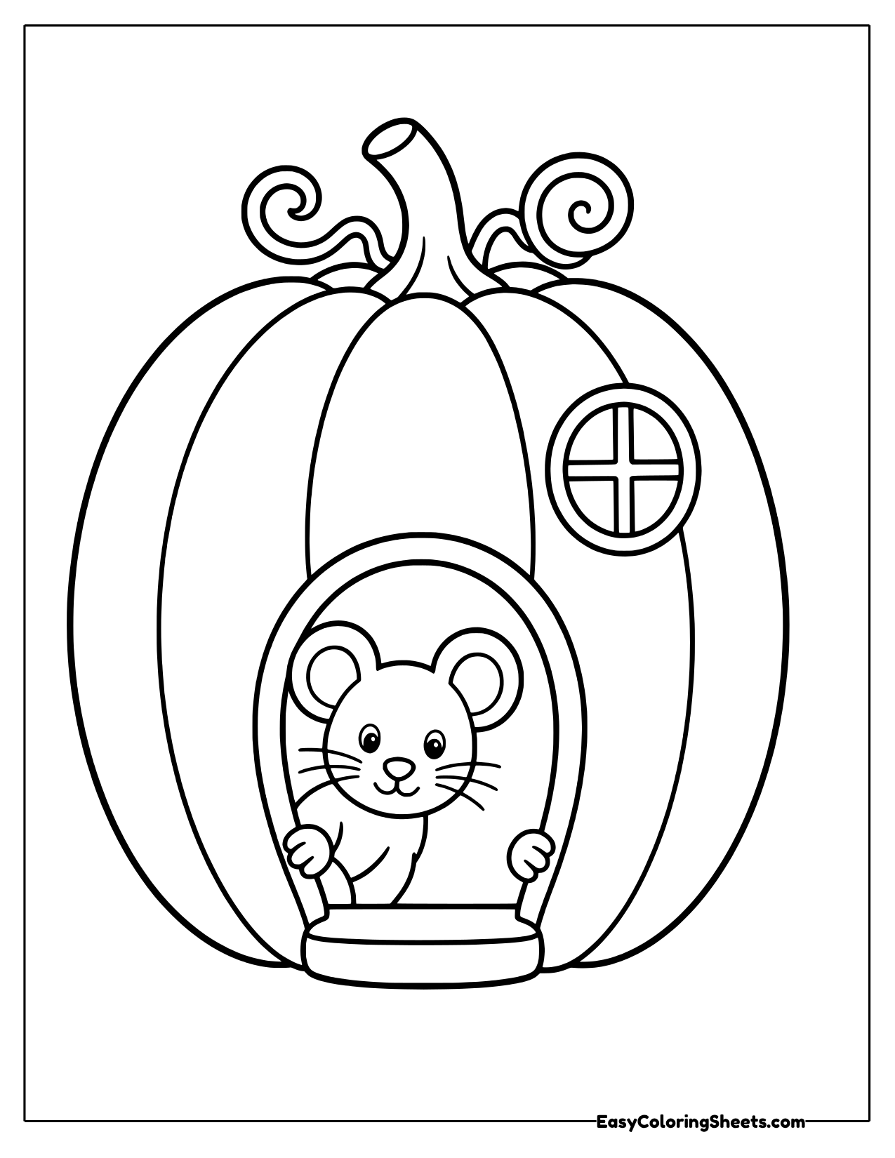 Mouse peeking out of the door of a pumpkin house