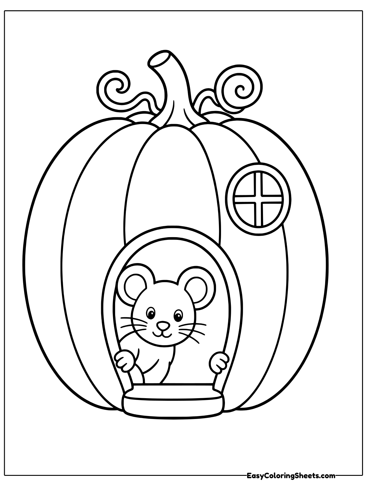 A little mouse peeks out of the arched door of a big pumpkin house with a round window and curly vines on top.