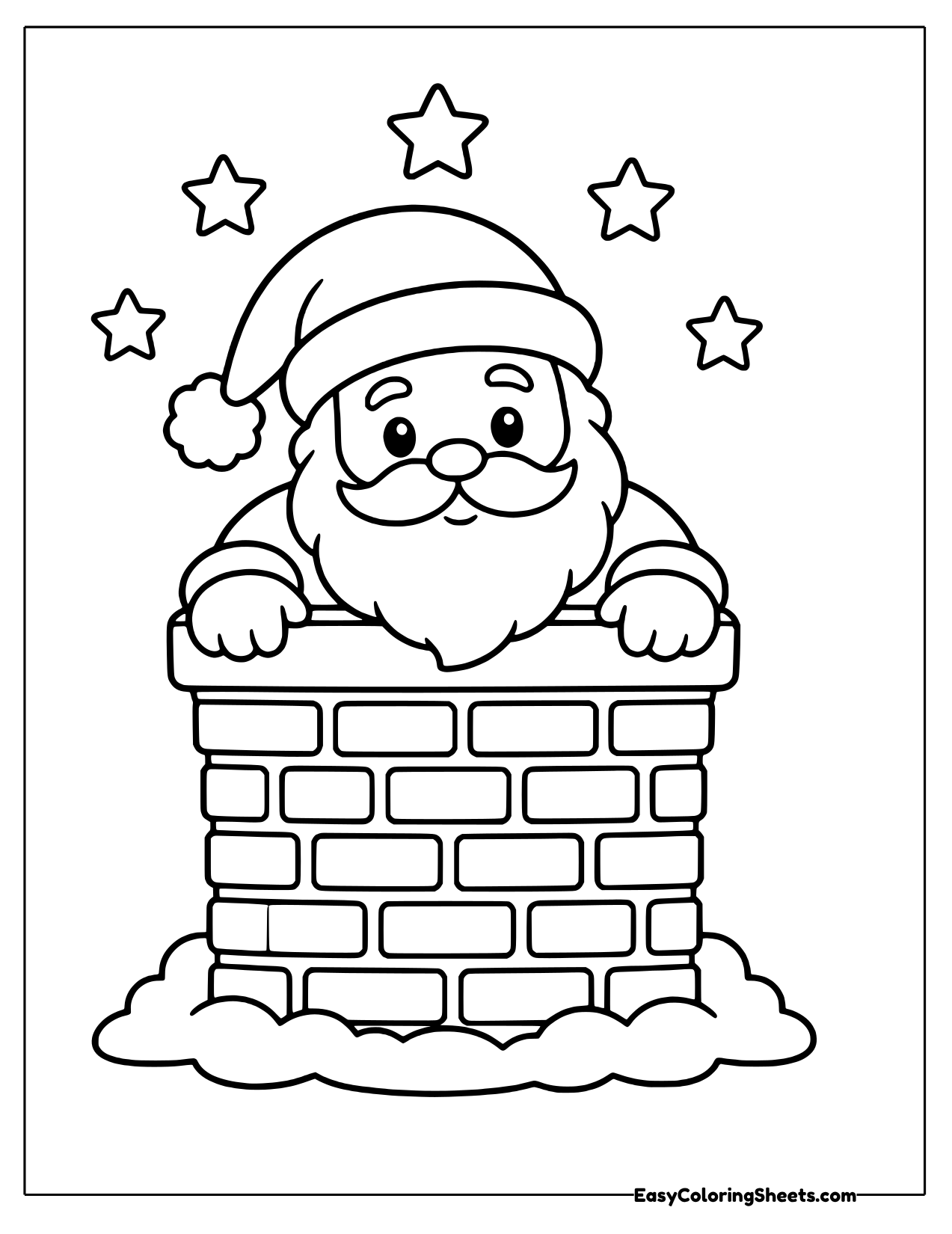 Santa peeking over a brick chimney with stars above