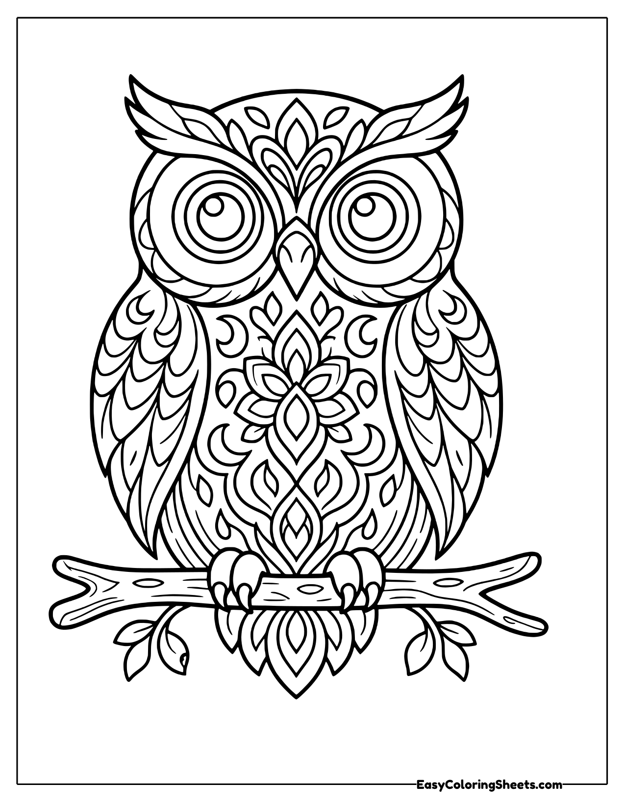 Owl perched on a branch with feathers drawn as mandala petals and swirls