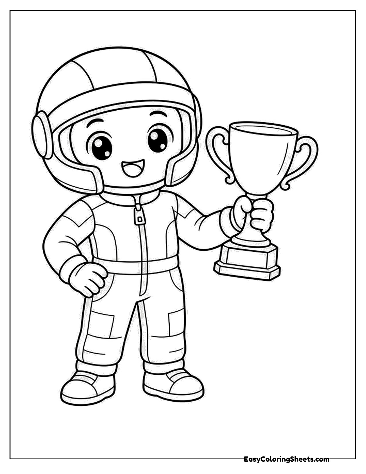 Smiling young racing driver in a helmet holding a trophy cup