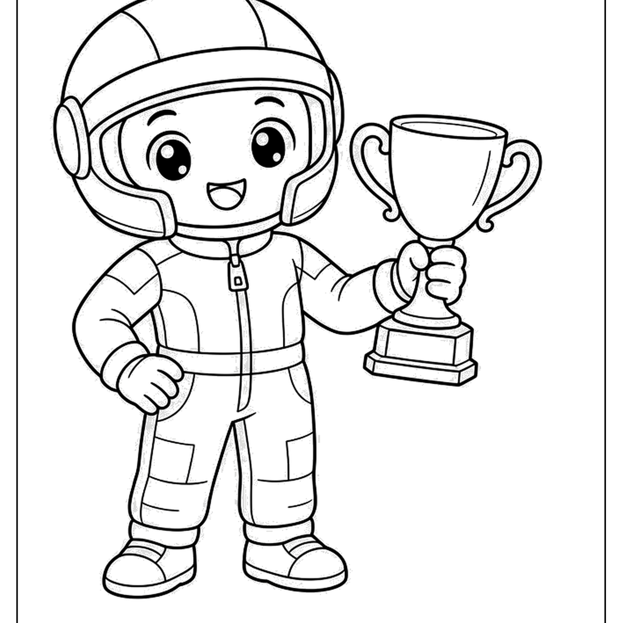 Smiling young racing driver in a helmet holding a trophy cup