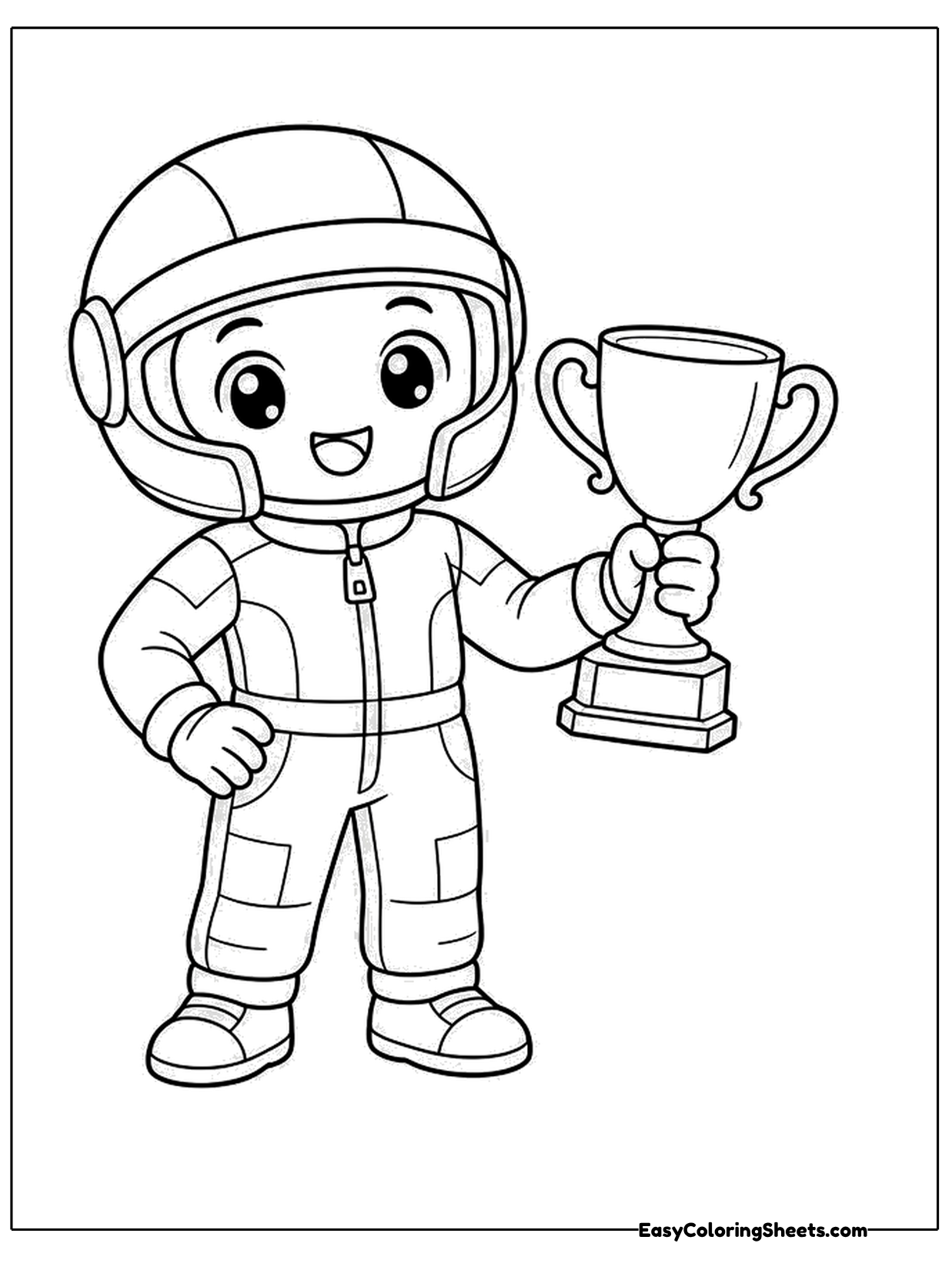 A cheerful kid racer wears a full racing suit and a helmet with the visor pushed up.