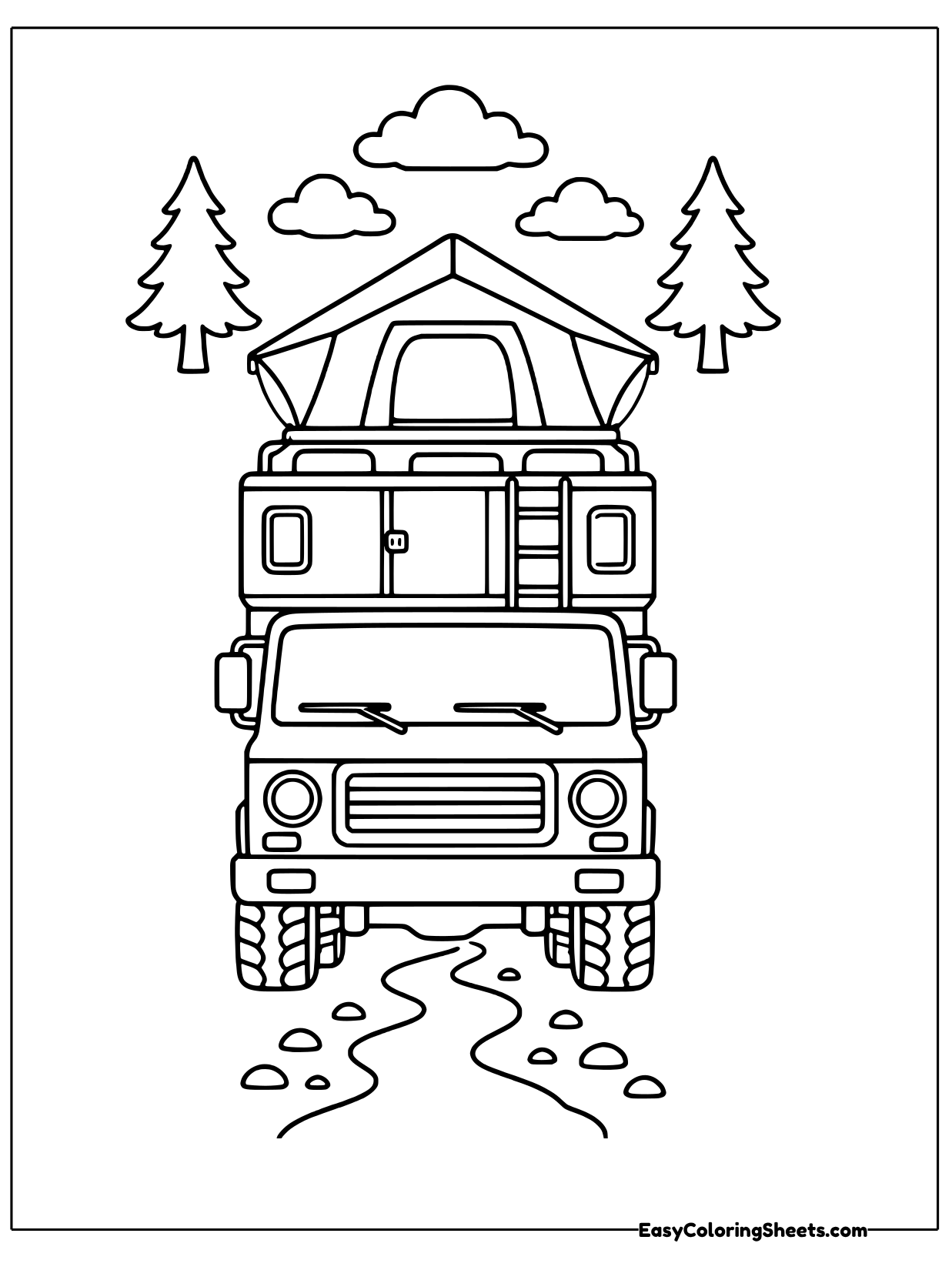 An off road camper truck carries a rooftop tent and gear, driving down a winding dirt trail through pine trees.
