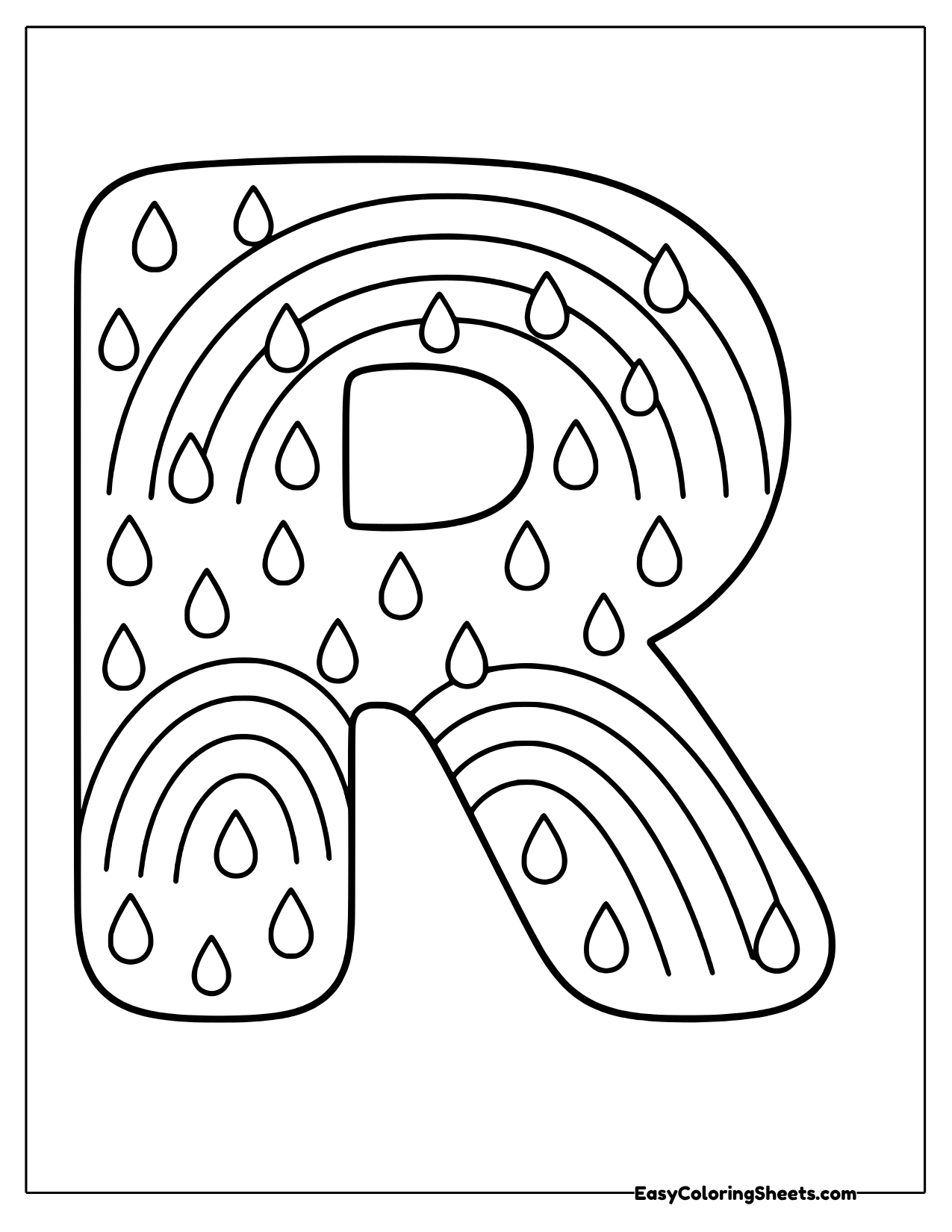 Bubble letter R decorated with rainbows and raindrops