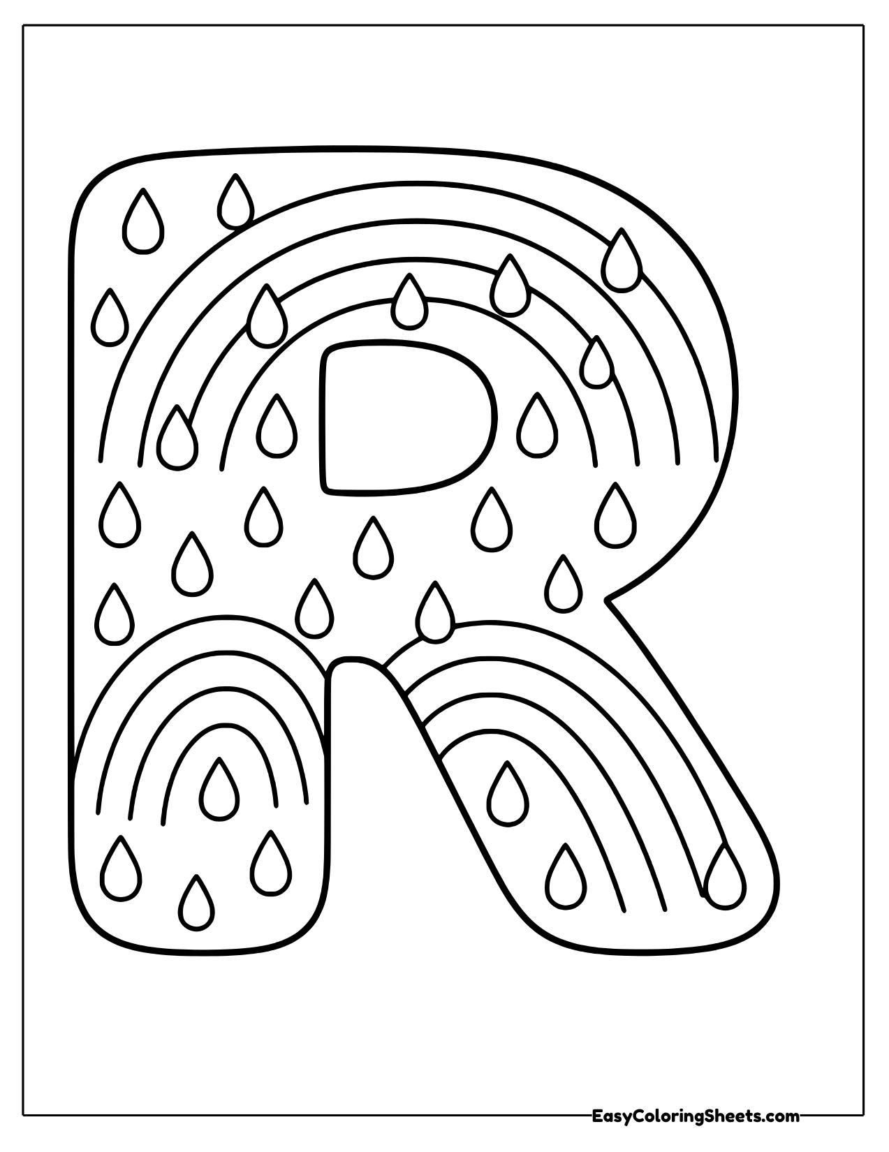 Bubble letter R decorated with rainbows and raindrops
