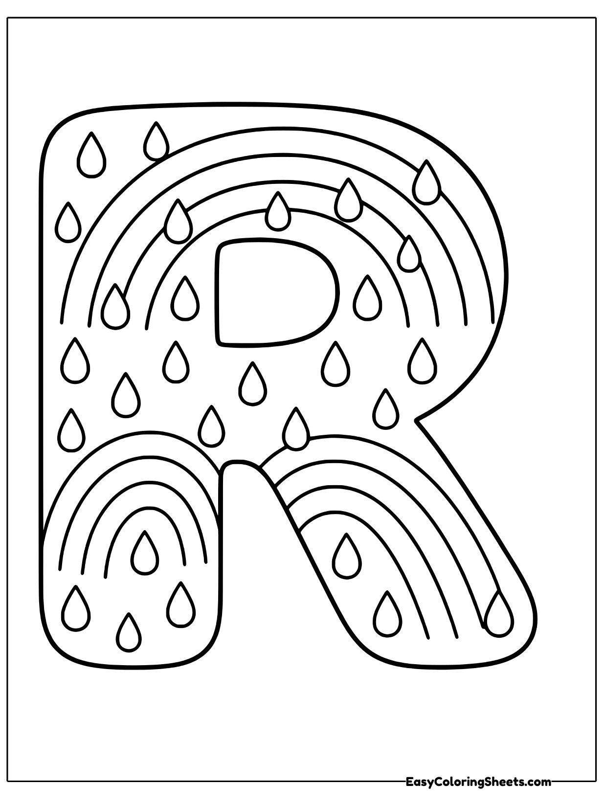 A big bubble letter R is decorated with arching rainbows and little raindrops.