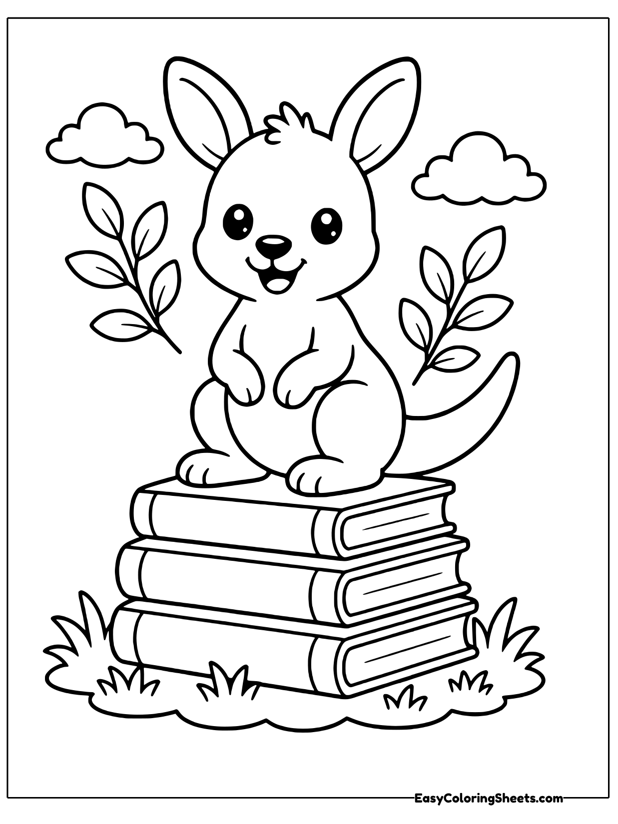 A silly kangaroo sits on top of a tall pile of books, smiling, with leafy branches on each side.
