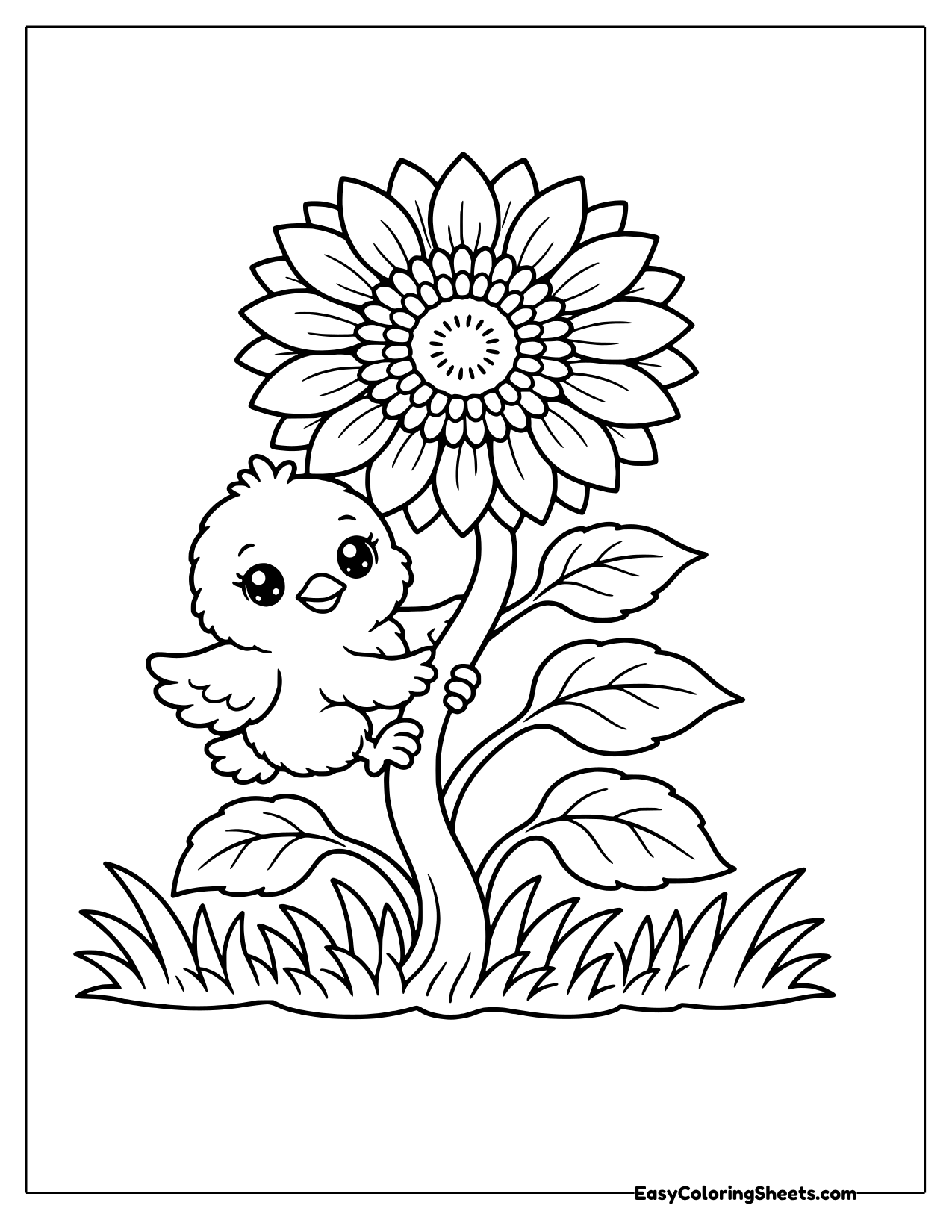 Chick beside a giant sunflower