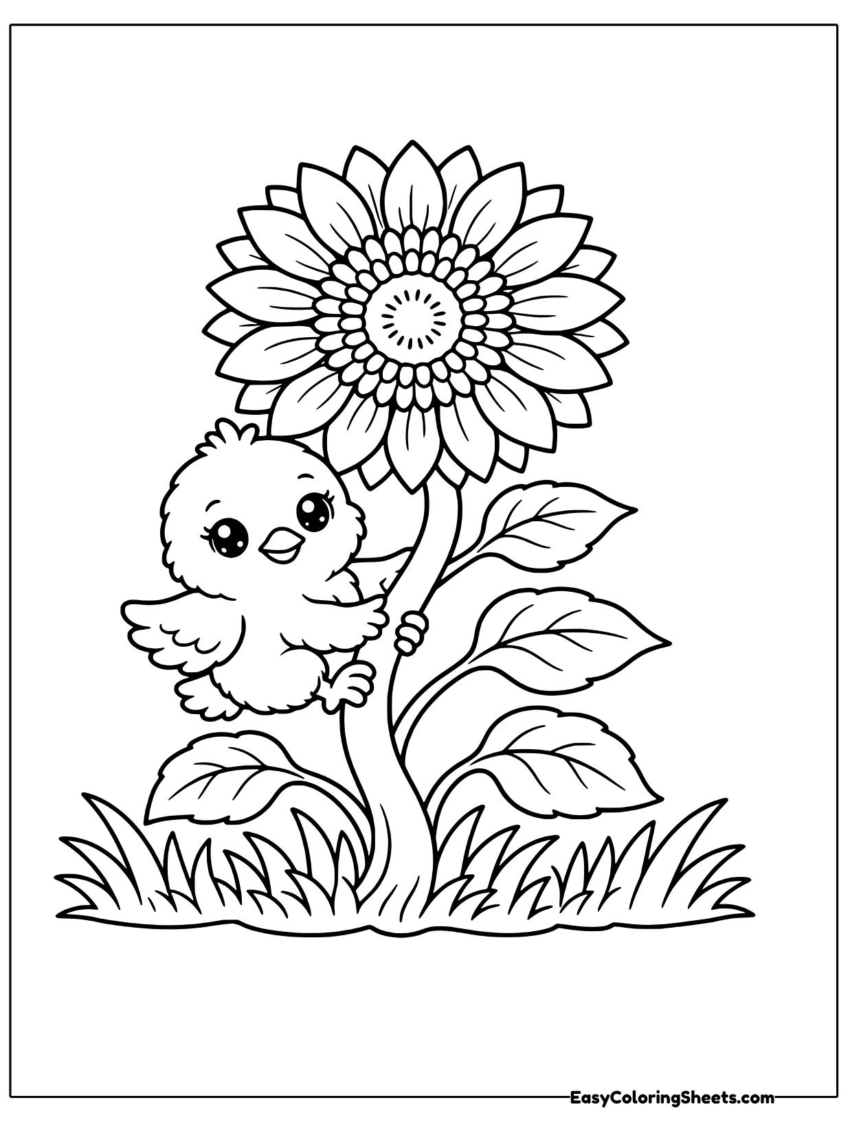 A baby chick flutters beside the leafy stalk of a giant sunflower with a big seed head.
