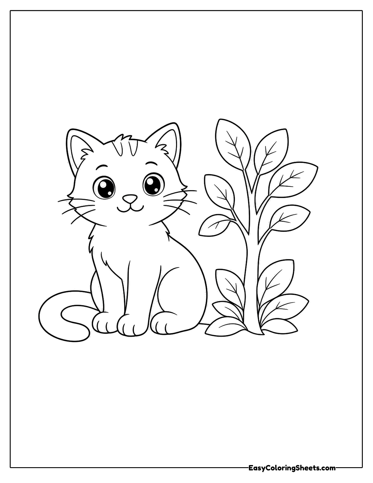 Kitten sitting next to a leafy plant