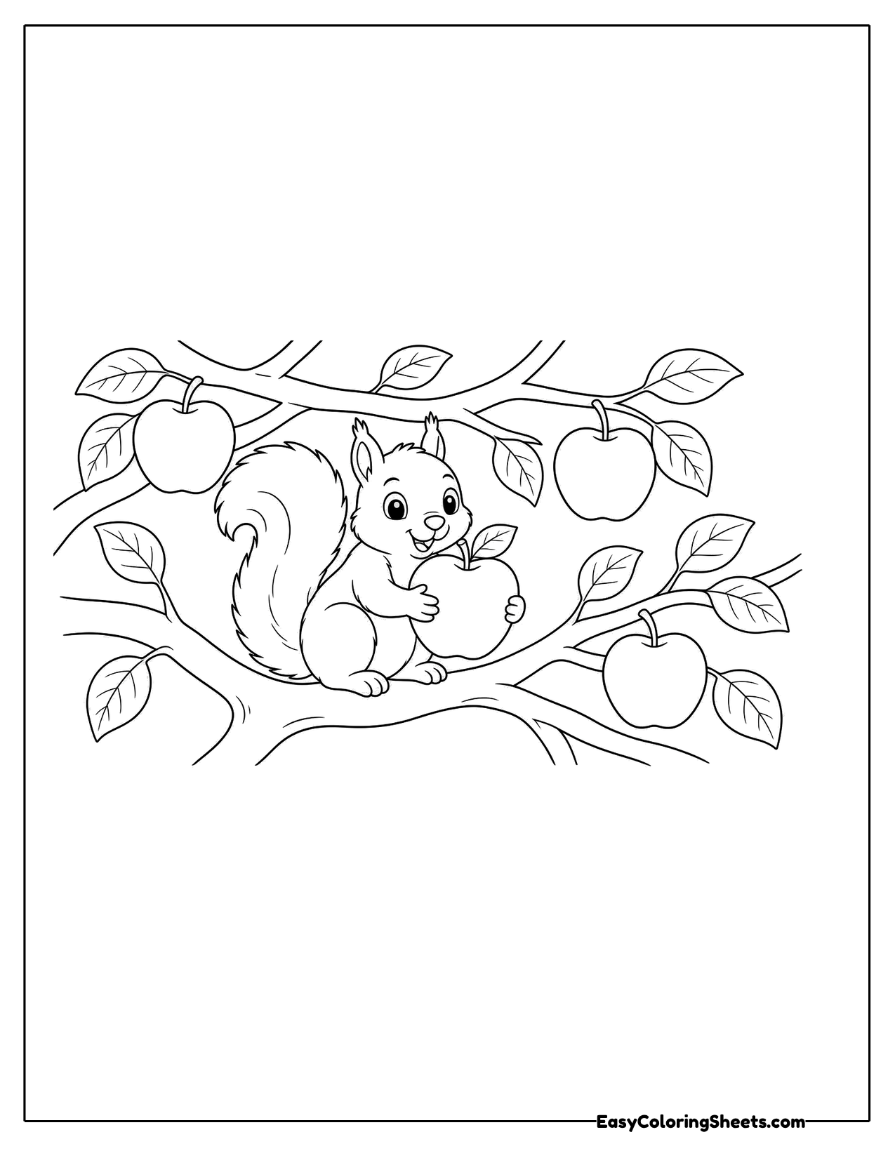 Squirrel sitting among apple tree branches