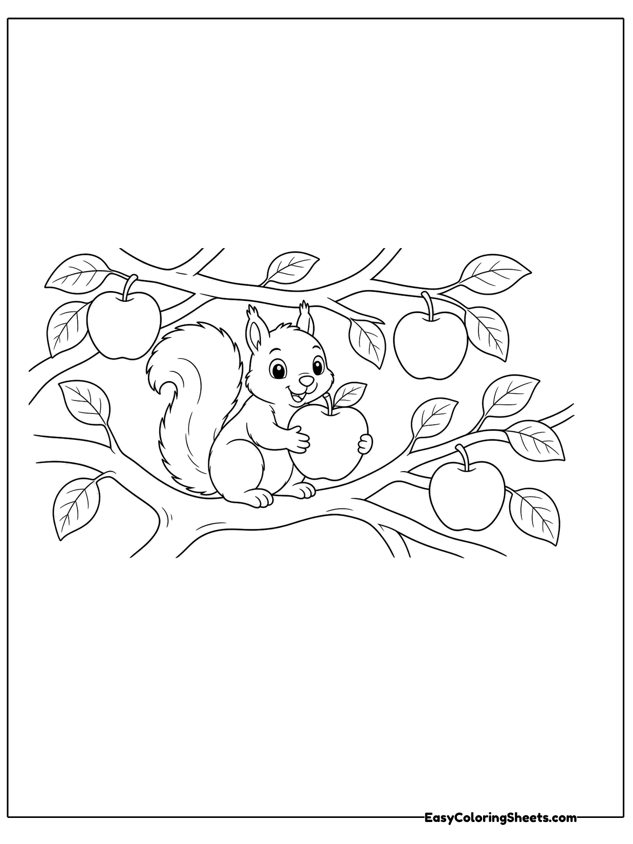 A squirrel perches on a branch of an apple tree, surrounded by leaves and round hanging apples.