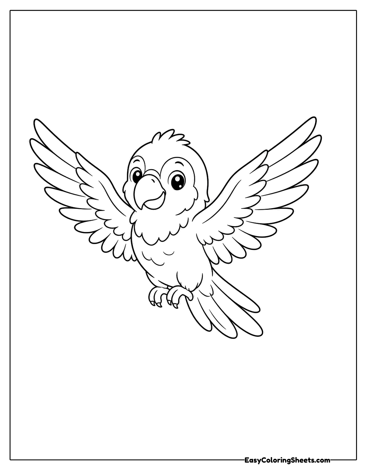 Parrot flying with open wings facing forward
