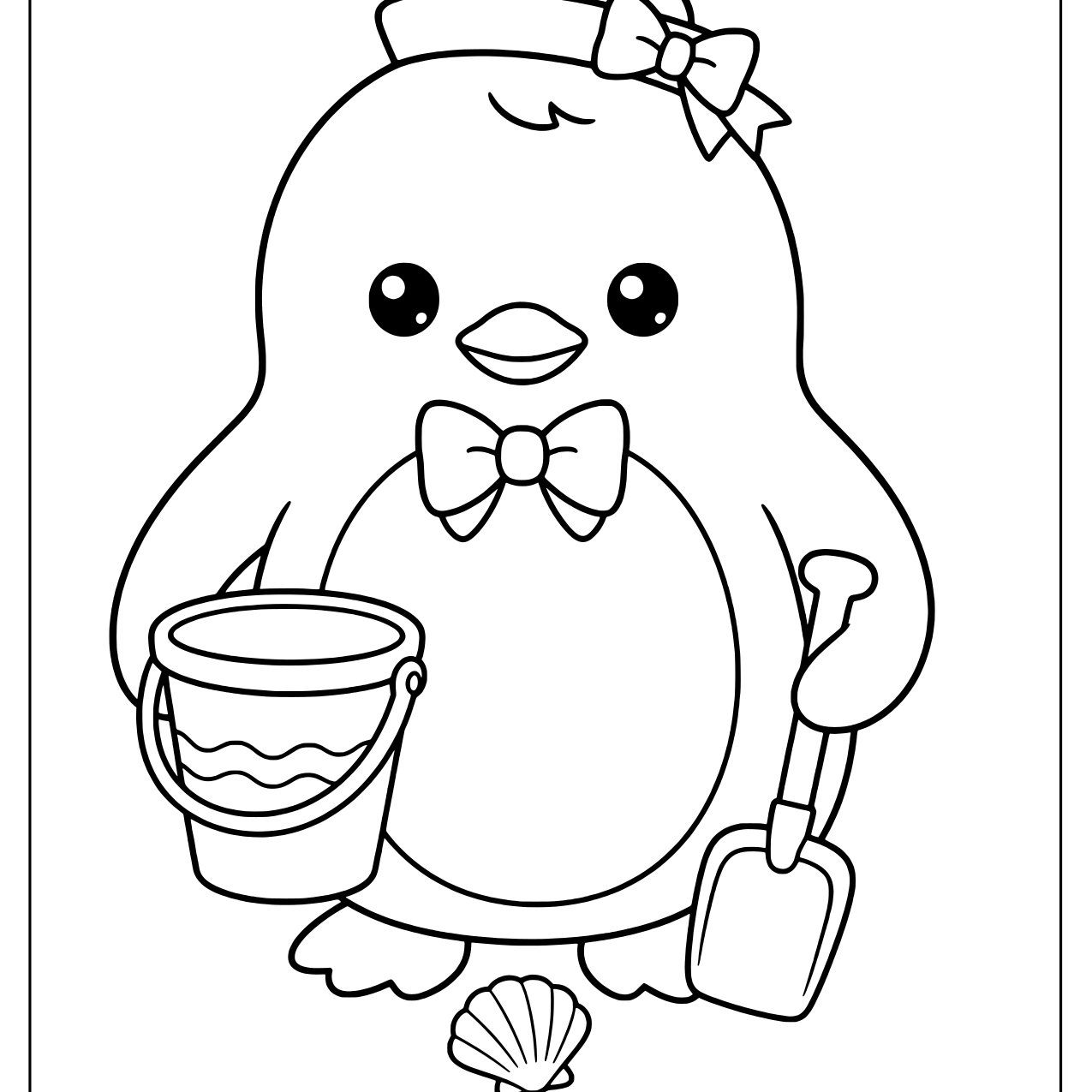 Tuxedo Sam holding a sand bucket and shovel with a seashell at his feet