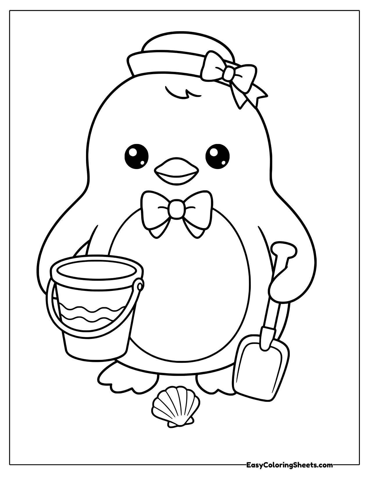 Tuxedo Sam holding a sand bucket and shovel with a seashell at his feet