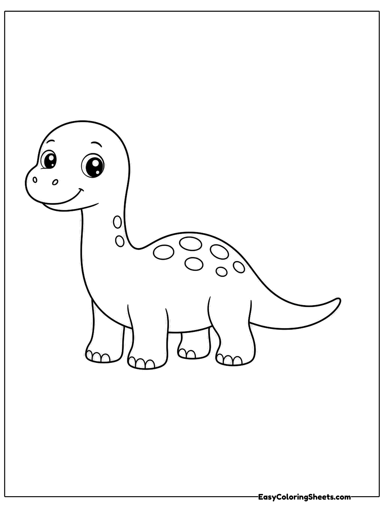 A baby brachiosaurus with a big friendly smile stands on four stubby legs, with spots dotted along its back and tail.