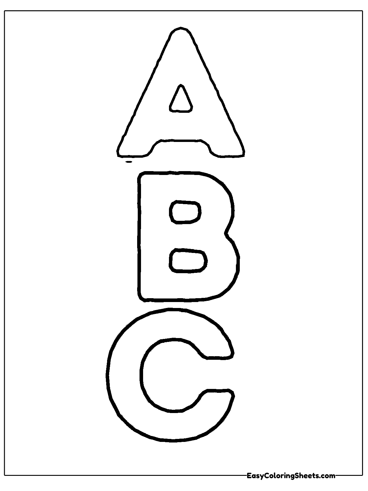 The bubble letters A, B and C are stacked down the page in big rounded outlines.