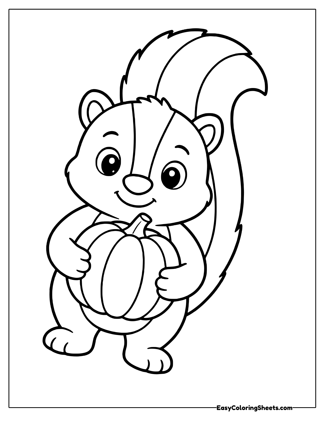 Sweet skunk hugging a round pumpkin with a curly stem