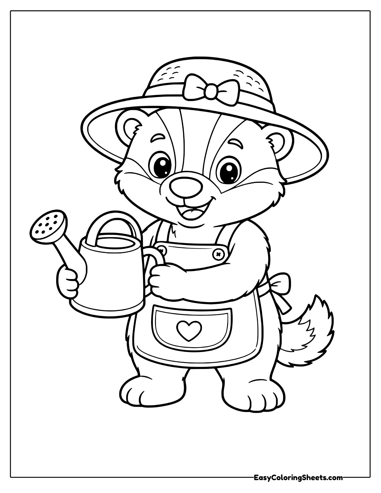 Badger gardener in a sun hat and heart apron holding a watering can