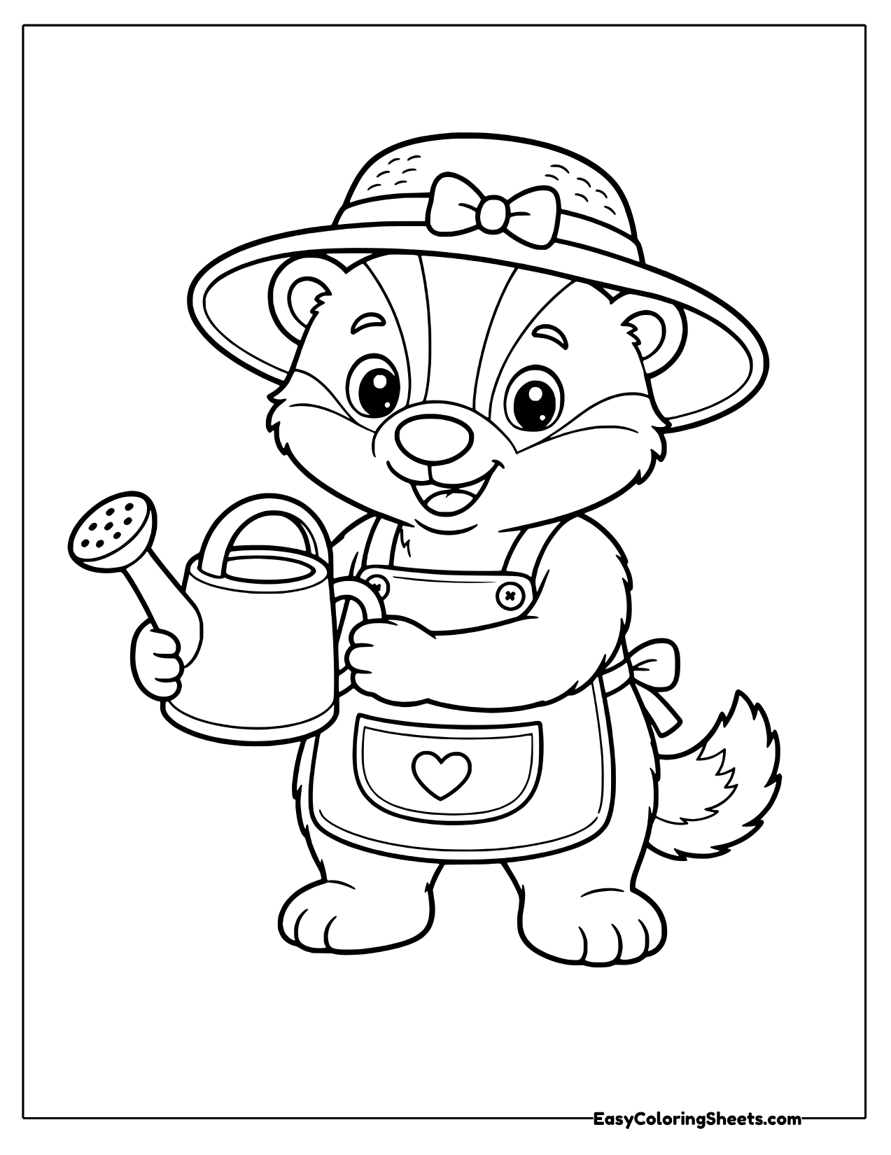 Badger gardener in a sun hat and heart apron holding a watering can