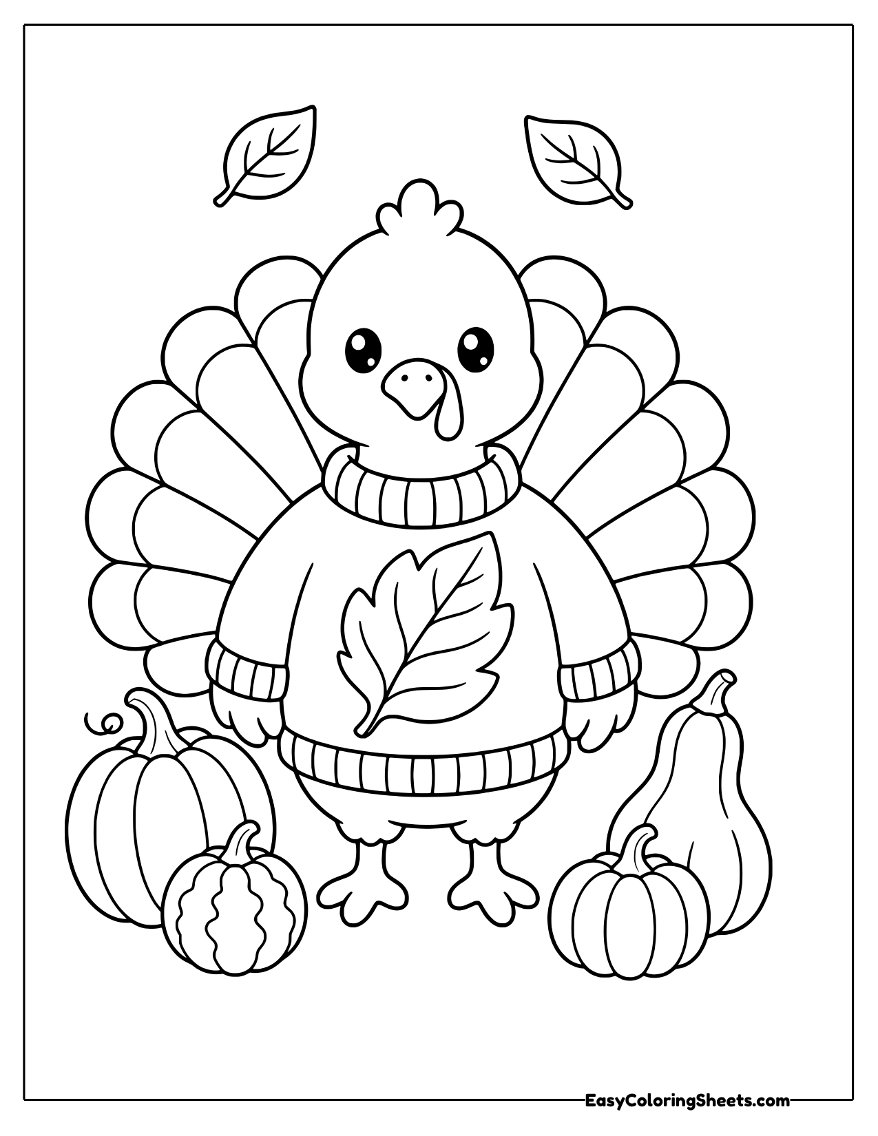 Turkey in a cozy leaf sweater standing among pumpkins and gourds