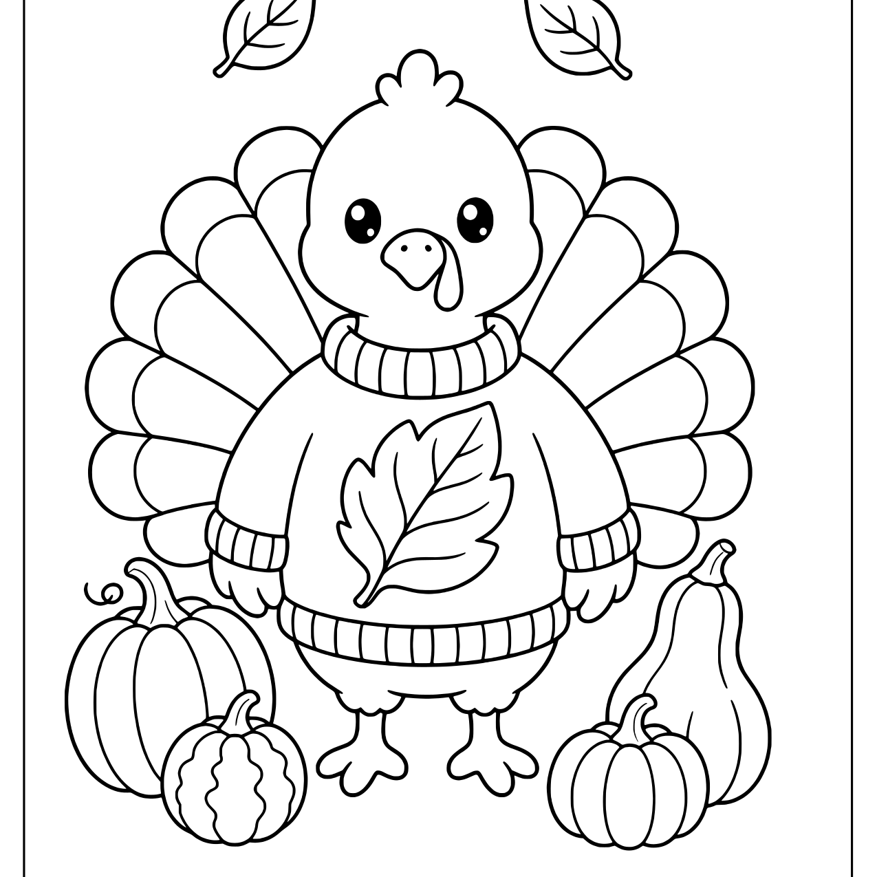 Turkey in a cozy leaf sweater standing among pumpkins and gourds
