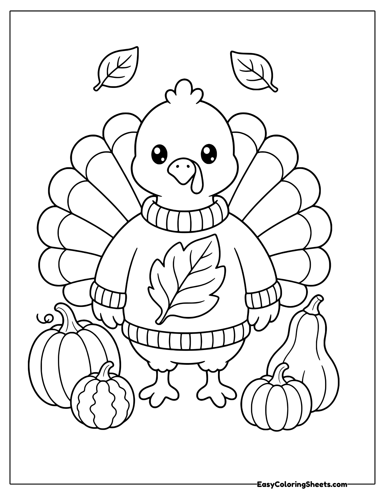 Turkey in a cozy leaf sweater standing among pumpkins and gourds