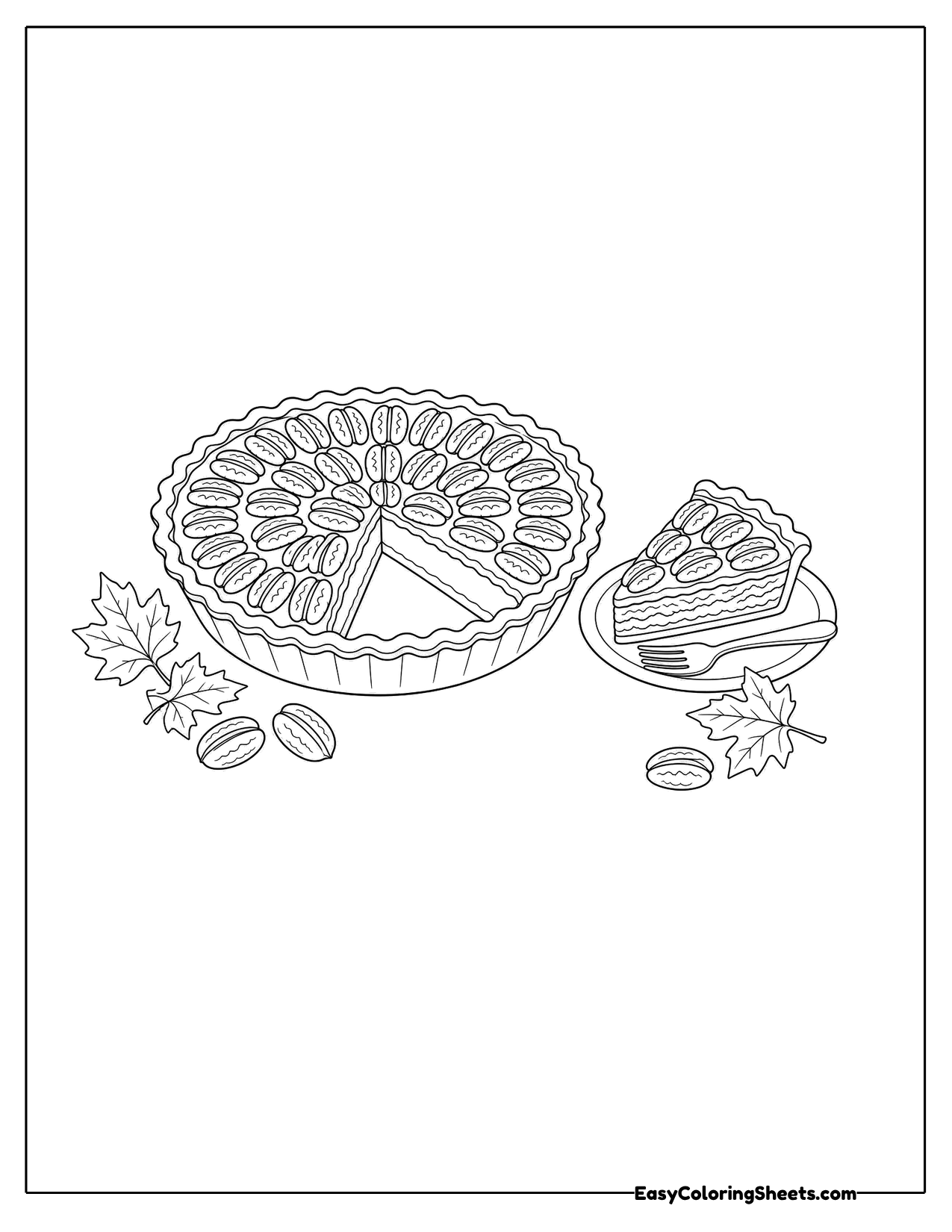 Pecan pie with a slice served on a plate beside it and leaves around