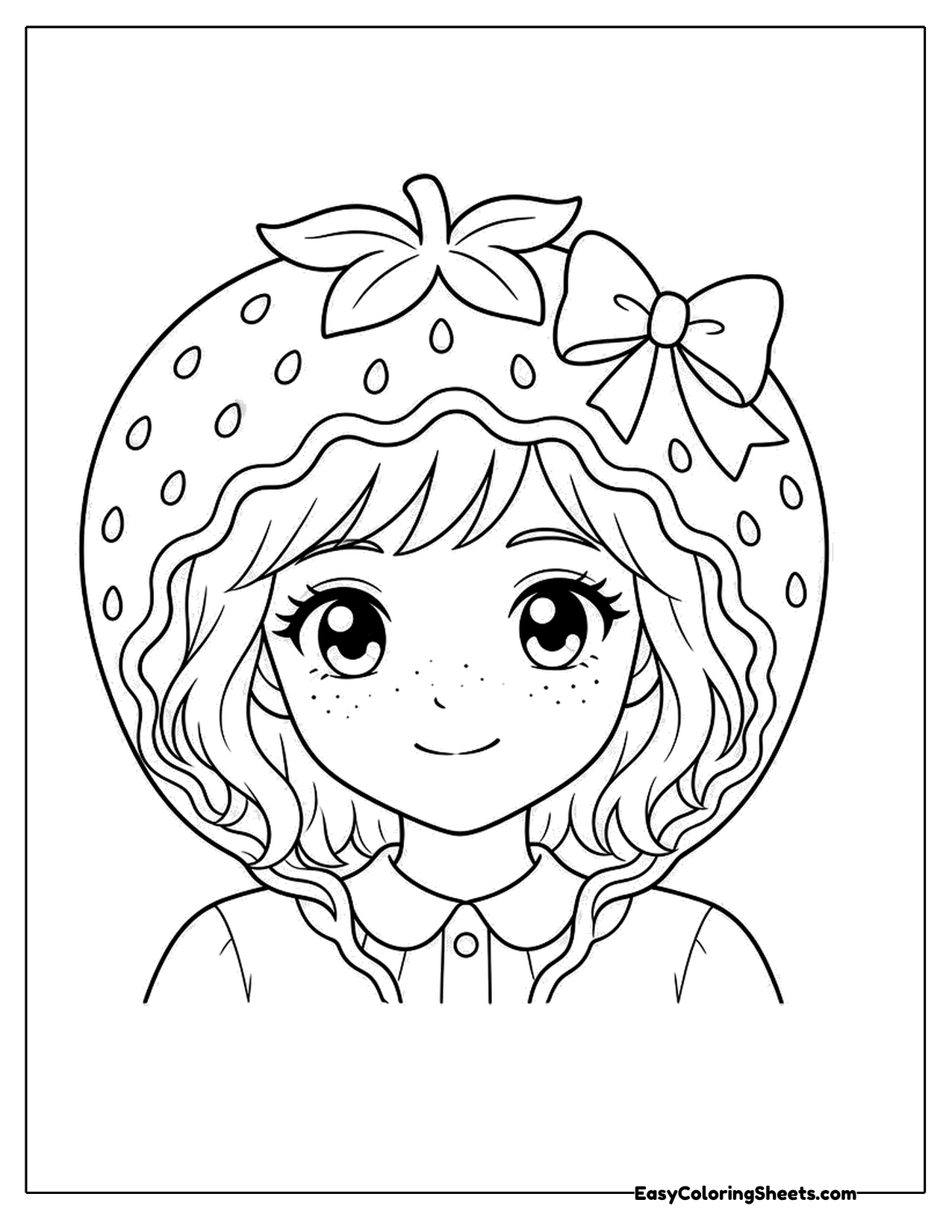 Girl with curly hair wearing a strawberry patterned hat