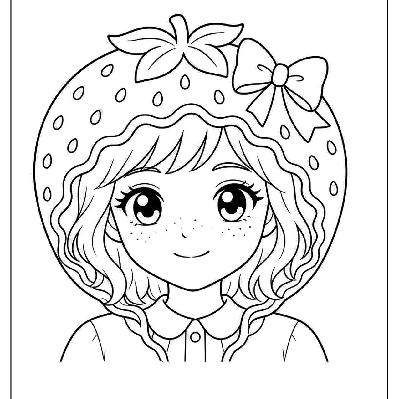 Girl with curly hair wearing a strawberry patterned hat