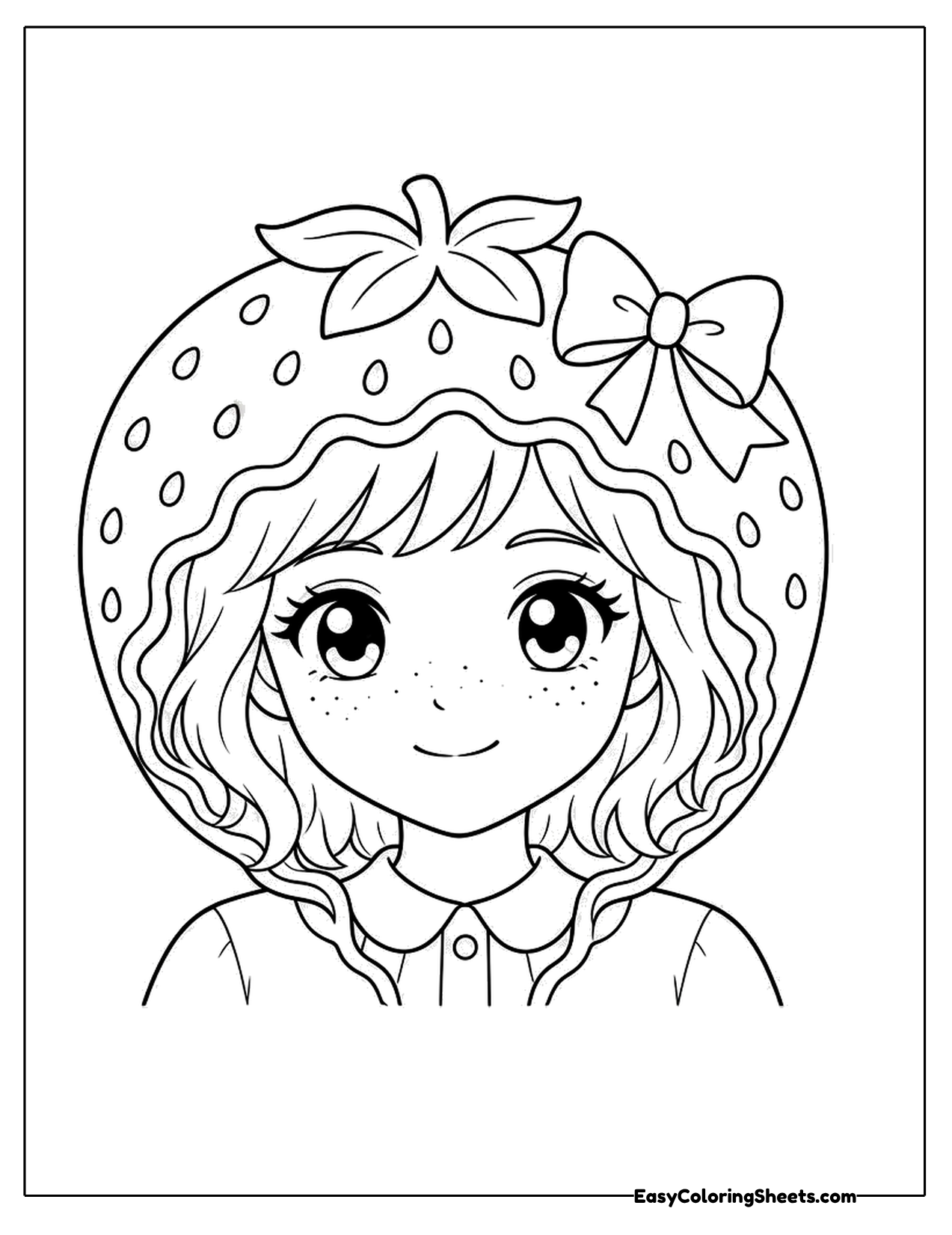 Girl with curly hair wearing a strawberry patterned hat