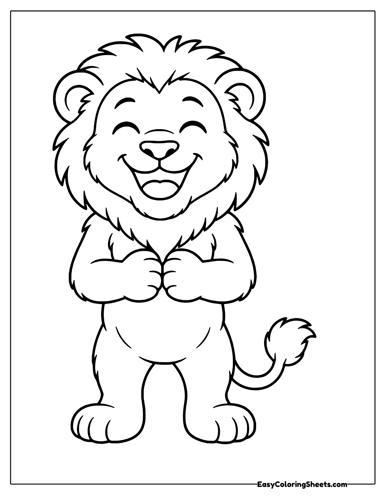 A lion stands with its paws together, eyes closed and a peaceful smile under its fluffy mane.